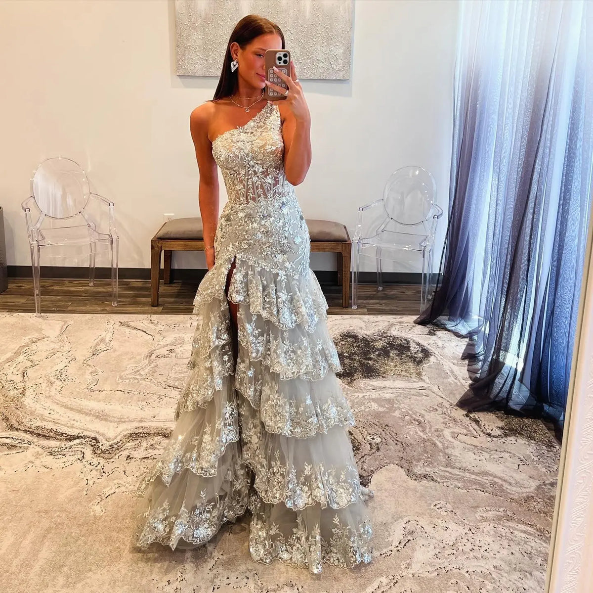 Luxury Gray One-Shoulder Beaded Tiered High-Slit Prom Dress SH152 