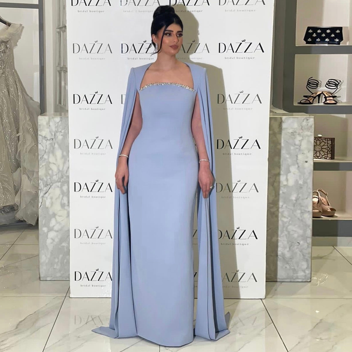Sharon Said Elegant Blue Mermaid Arabic Evening Dress with Cape Sleeves for Women Wedding Party Dubai Formal Prom Gowns SS486