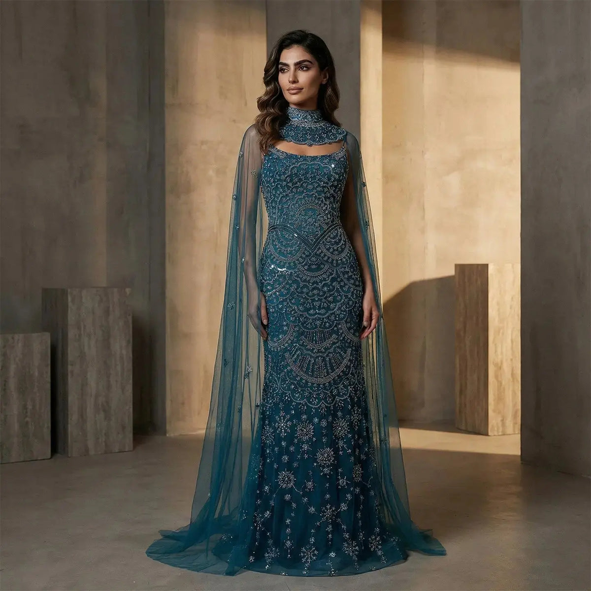 cape halter dress Embellished Mock Halter Neckline Raglan Cape Sleeves Zipper A-Line Dress (GL3669) Dusty Blue / M