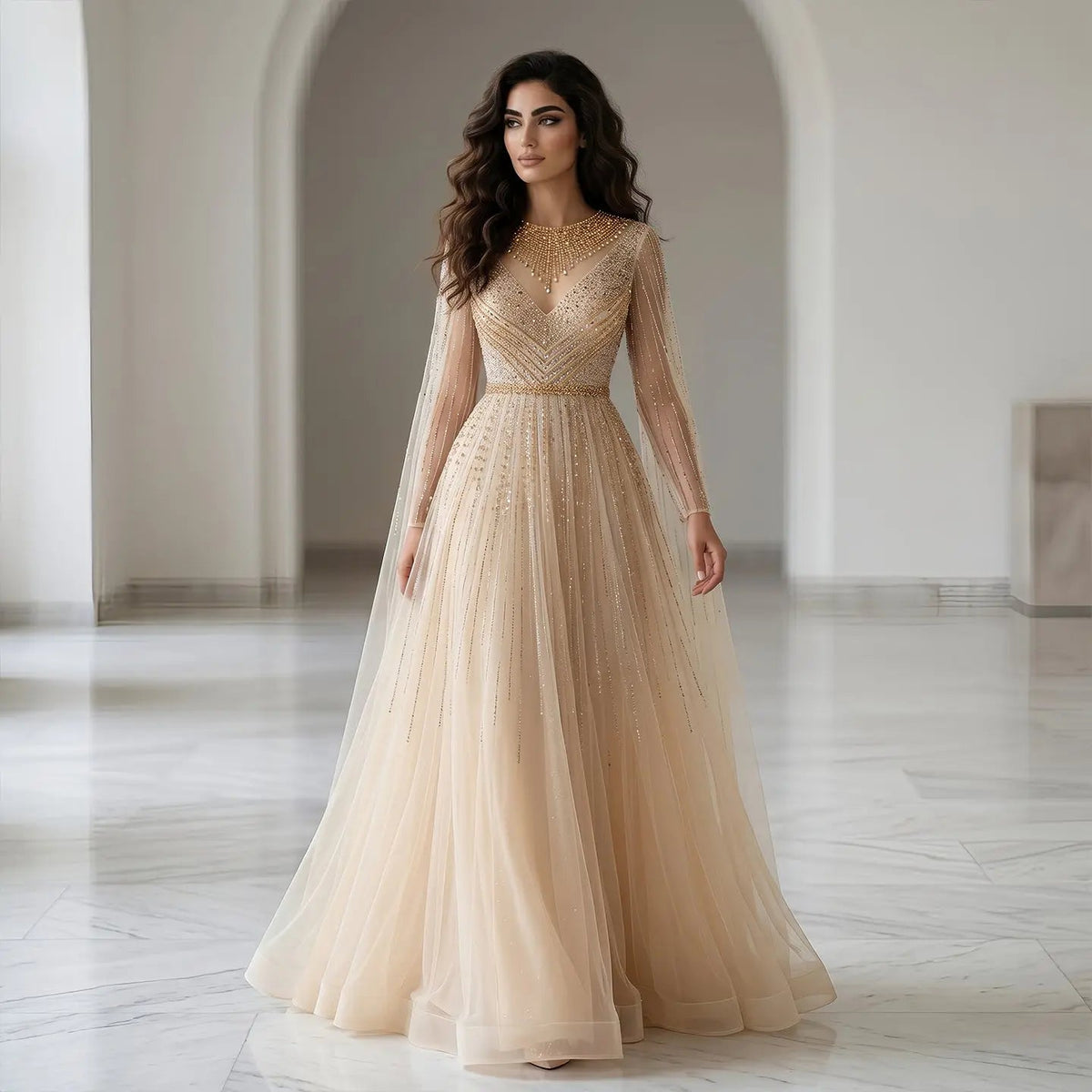 Glamorous Pink Illusion Neck Beaded Chiffon Evening Dress with Cape Sleeves SS054 