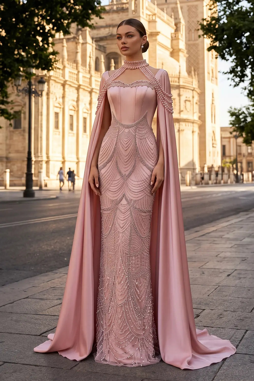 Luxury Pink Beaded Evening Dress with Cape Sleeves SS662