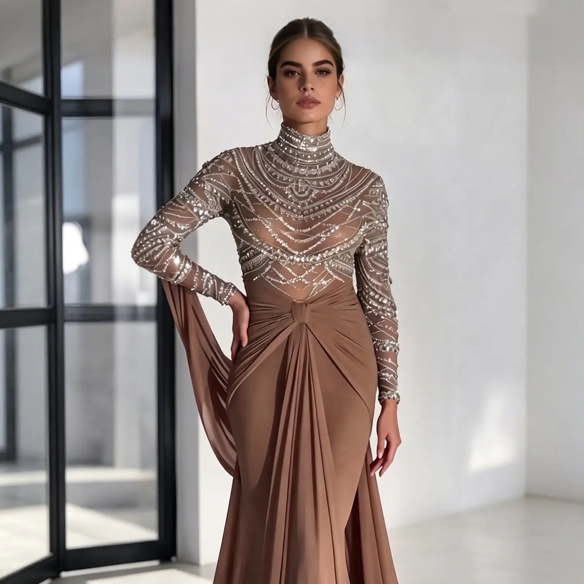 high neck brown formal dress Cara | Brown Matte Satin High-Neck Maxi Dress
