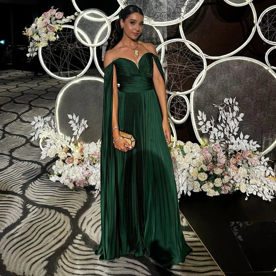 Green Off Shoulder Pleats Long Sleeve Evening Dress SF210 