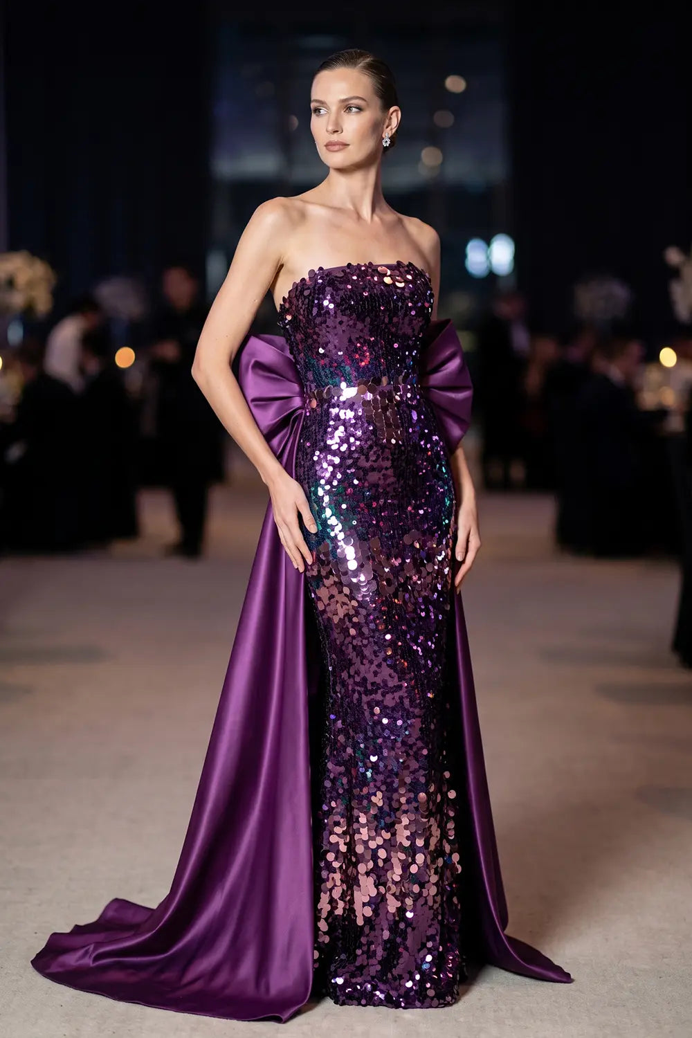 Purple Sequin Satin Sleeve Evening Dress SF039