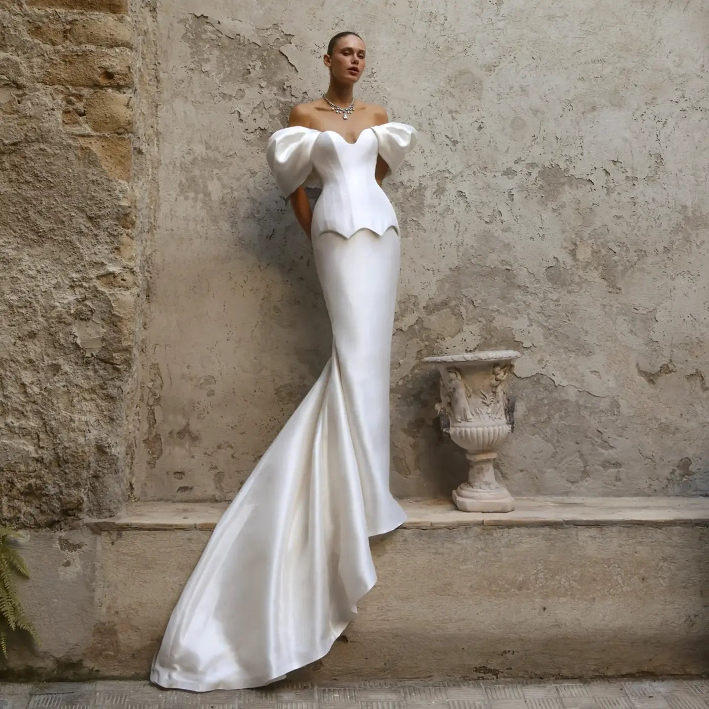 Luxury Satin Off-the-Shoulder Puff Sleeve Mermaid Wedding Dress SW178