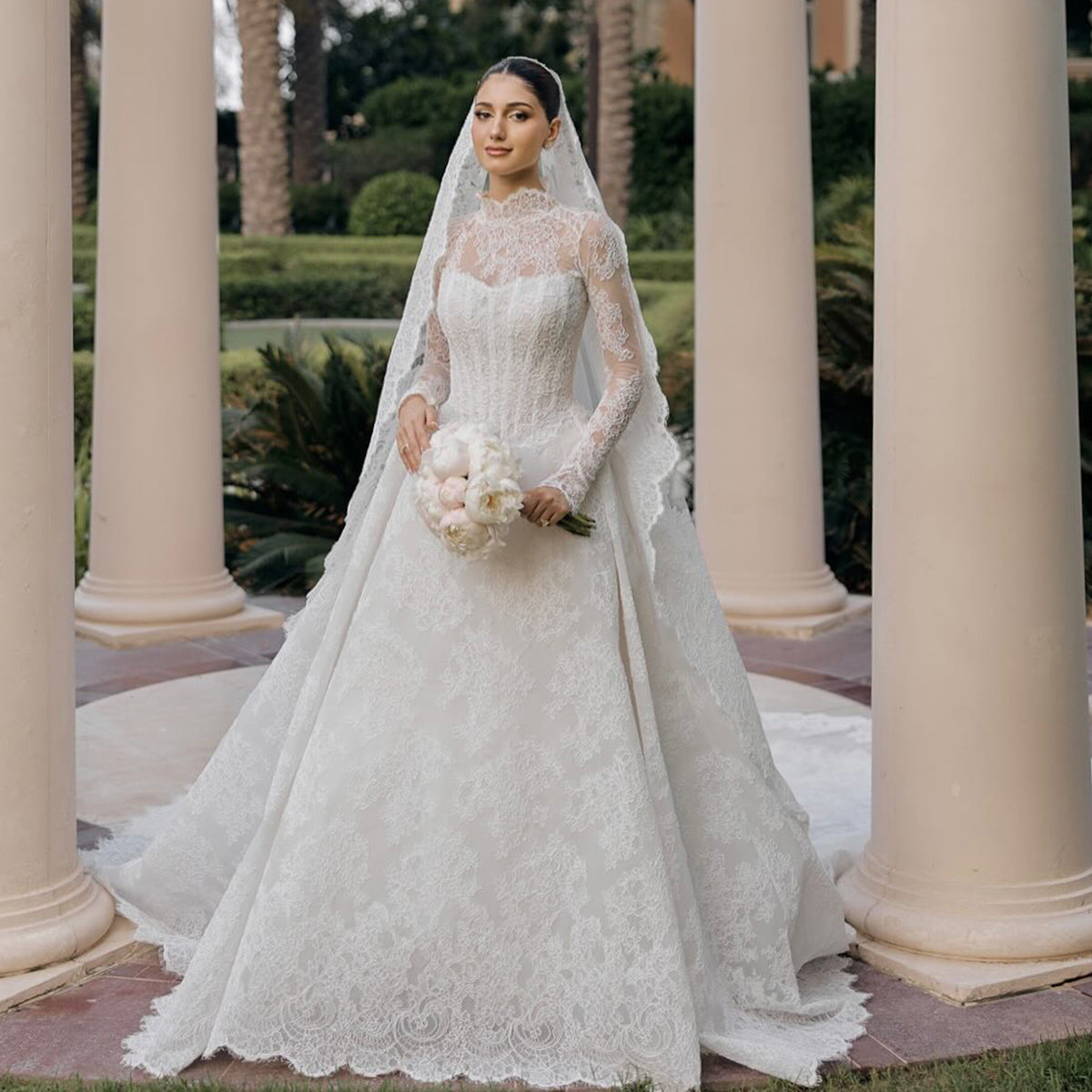 Luxury High Neck Lace Wedding Dress with Long Veil SW519 