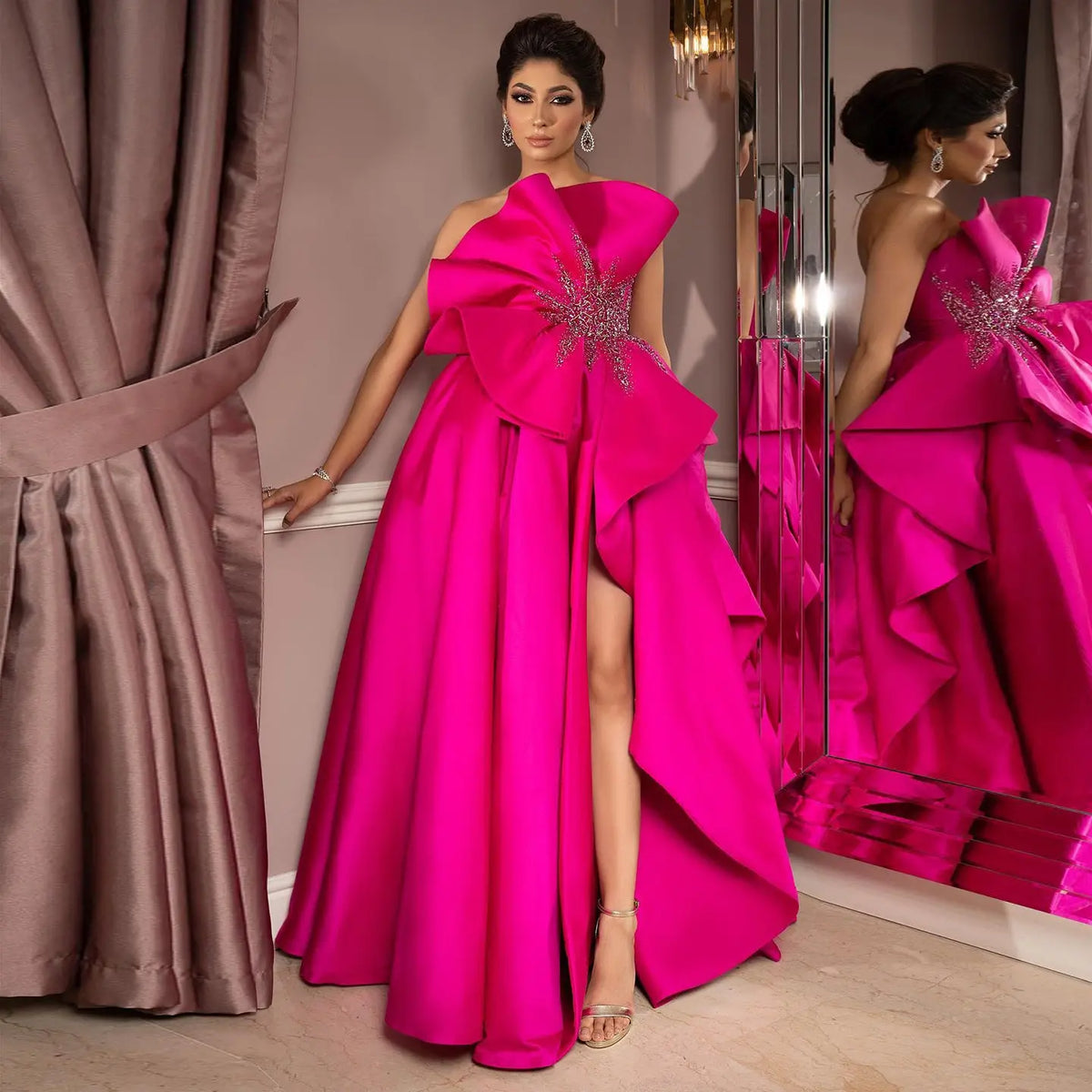 Stunning Fuchsia Scalloped Evening Dress with Slit SS581 