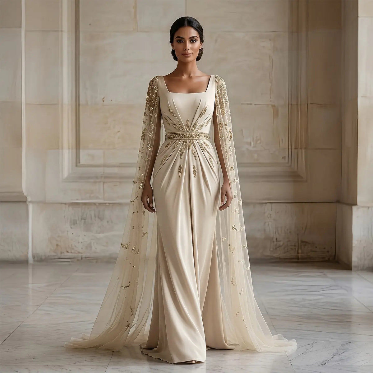 Luxury Champagne Square Neck Beaded Evening Dress with Cape Sleeve SS213