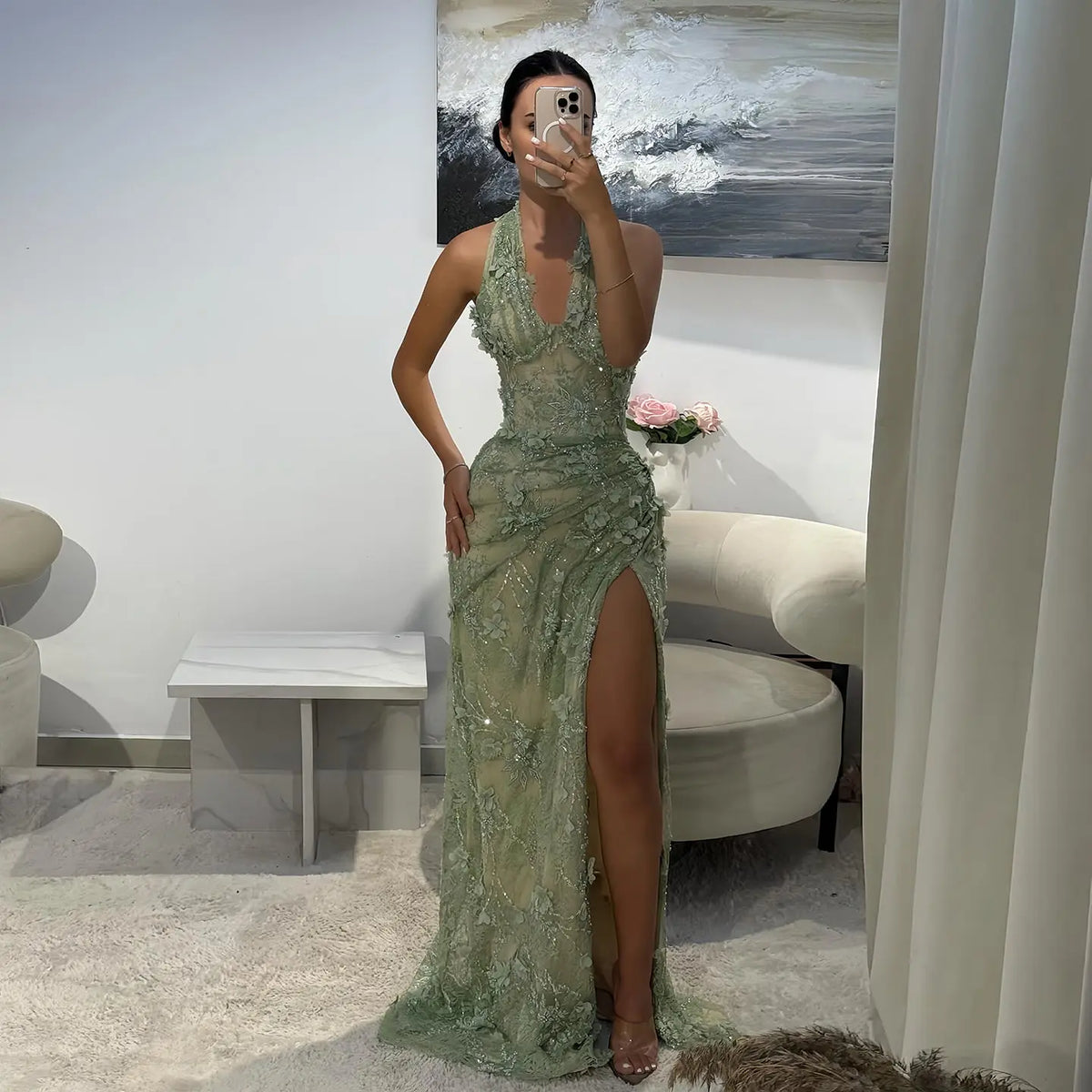 Glamorous Green Halter Lace Evening Dress with Slit SF521