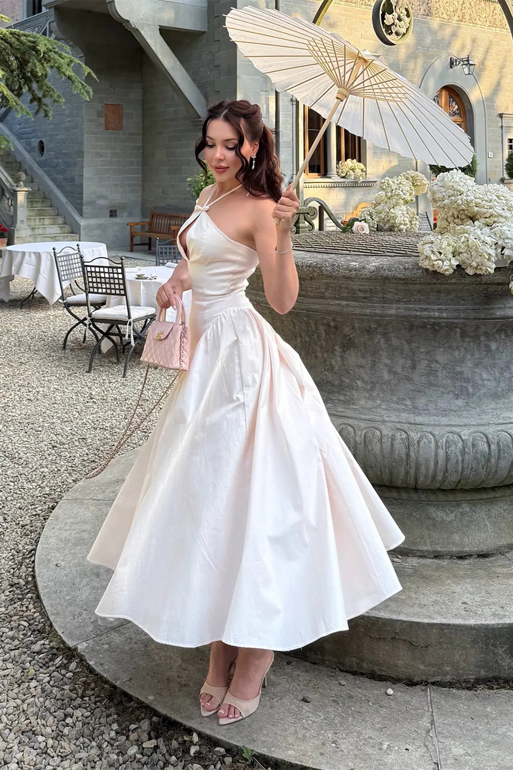 Beige Halterneck Cutout Satin Homecoming Dress RM251