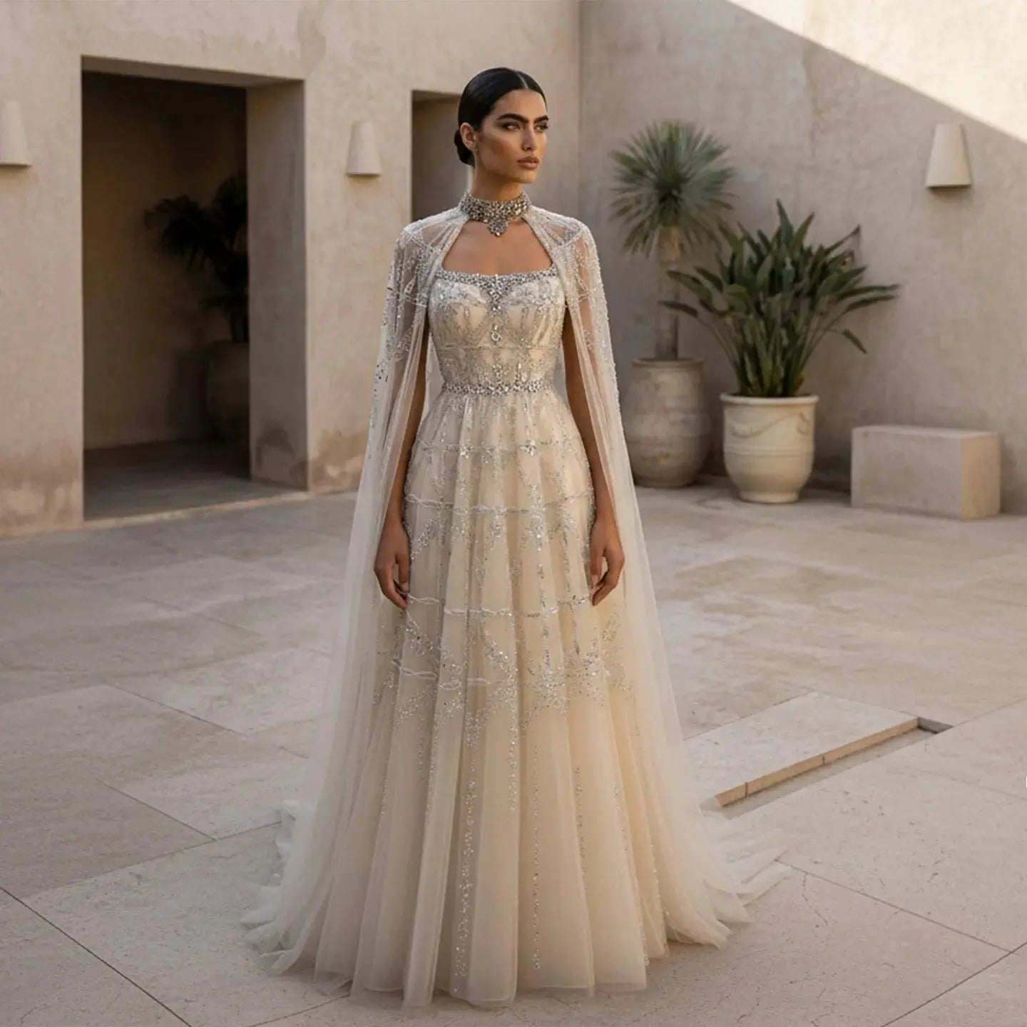Luxury Cream Heavy Beaded Train Evening Dress with Cape SS486