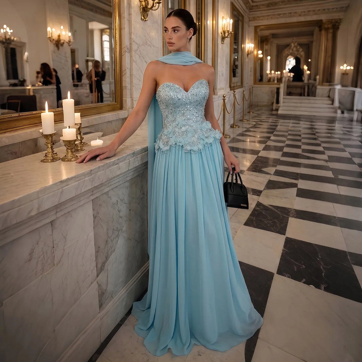 Romantic Turquoise Flowy Chiffon Evening Dress SS274