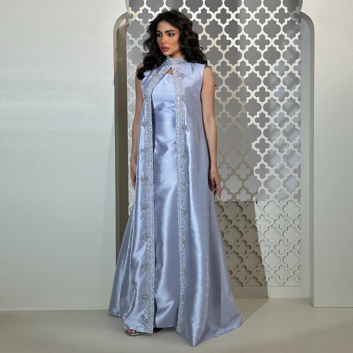 Luxury Rhinestone Lilac Kaftan Evening Dress with Cape SS276