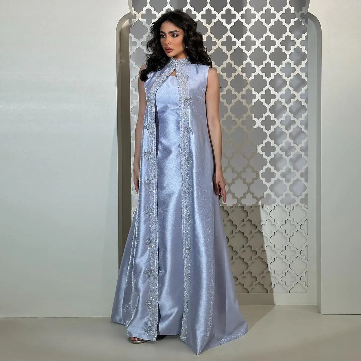 Luxury Rhinestone Lilac Kaftan Evening Dress with Cape SS276 