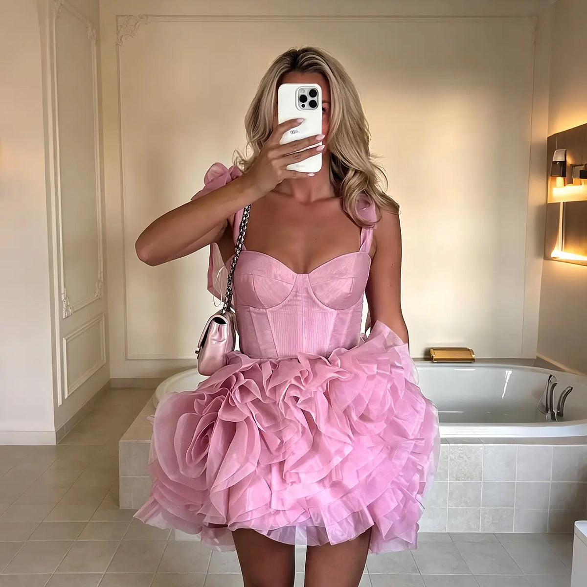 Luxury Structured Boned Corset Big Side Bow Voluminous Floral Ruffle Mini Homecoming Dress RM212
