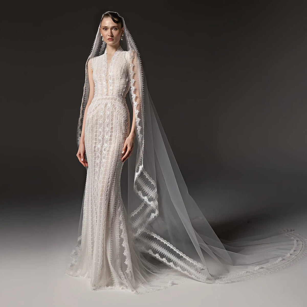 Elegant High Neck Sheer Lace Long Sleeves Mermaid Wedding Dress with Veil SW662 Elegant High Neck Sheer Lace Long Sleeves Mermaid Wedding Dress with Veil SW662