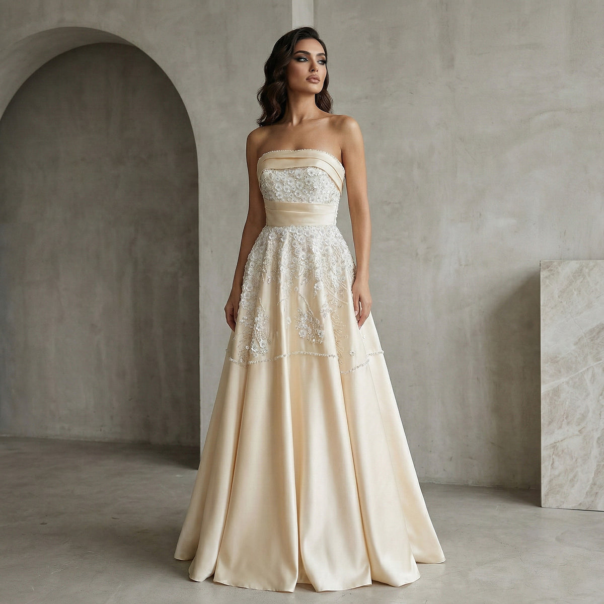 Stunning 3D Floral Beaded Champagne Sequin Evening Dress XD045