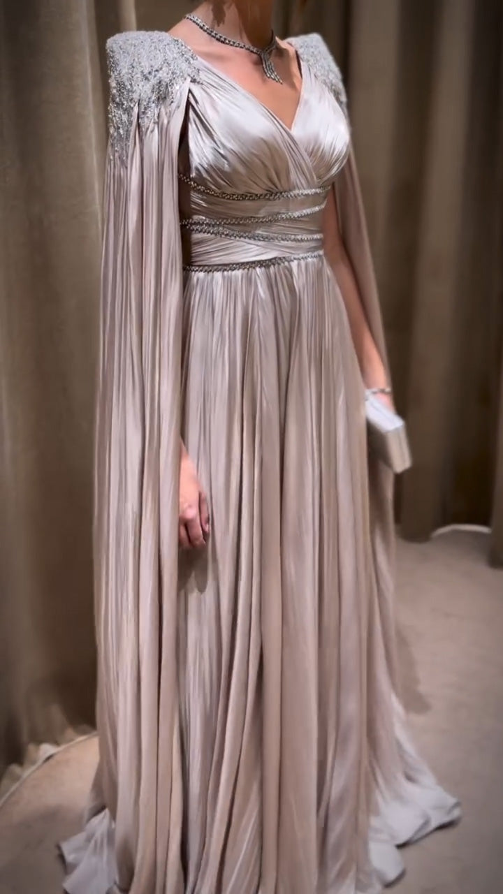 Luxury Crystal Rose Gold Evening Dress with Cape SS589