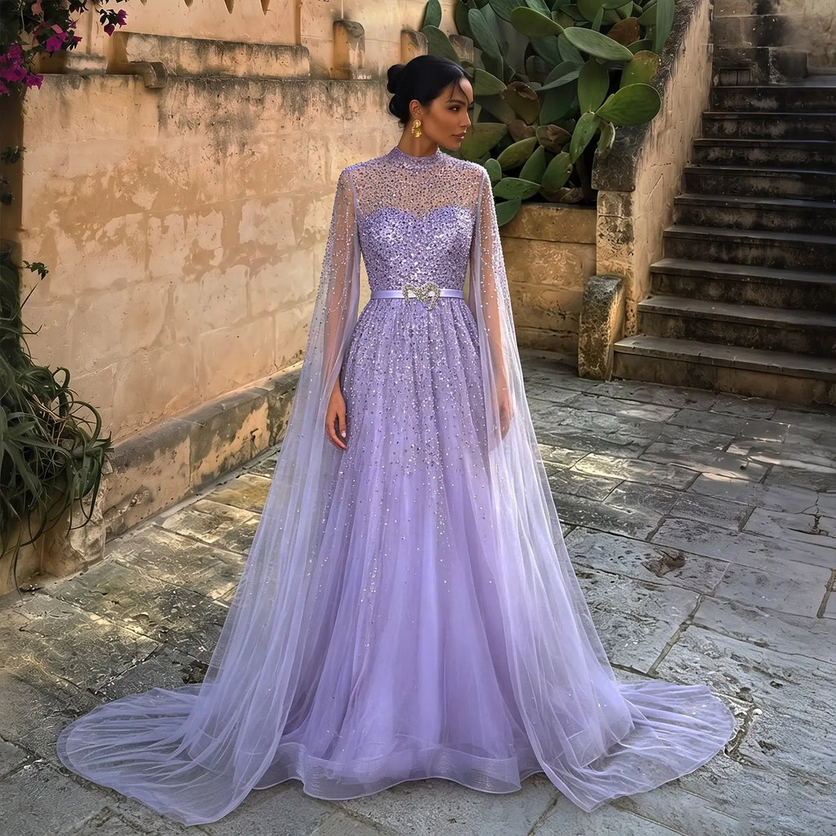 Luxury Blue High Neck Evening Dress with Cape Sleeves SS451