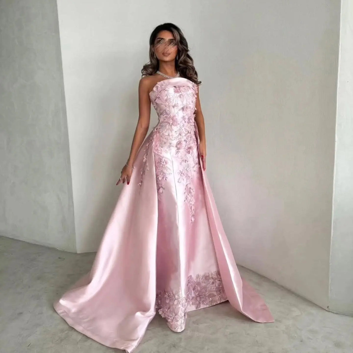 Luxury Pink 3D Floral Beaded Sequin Strapless Evening Dress with Overskirt XD067 