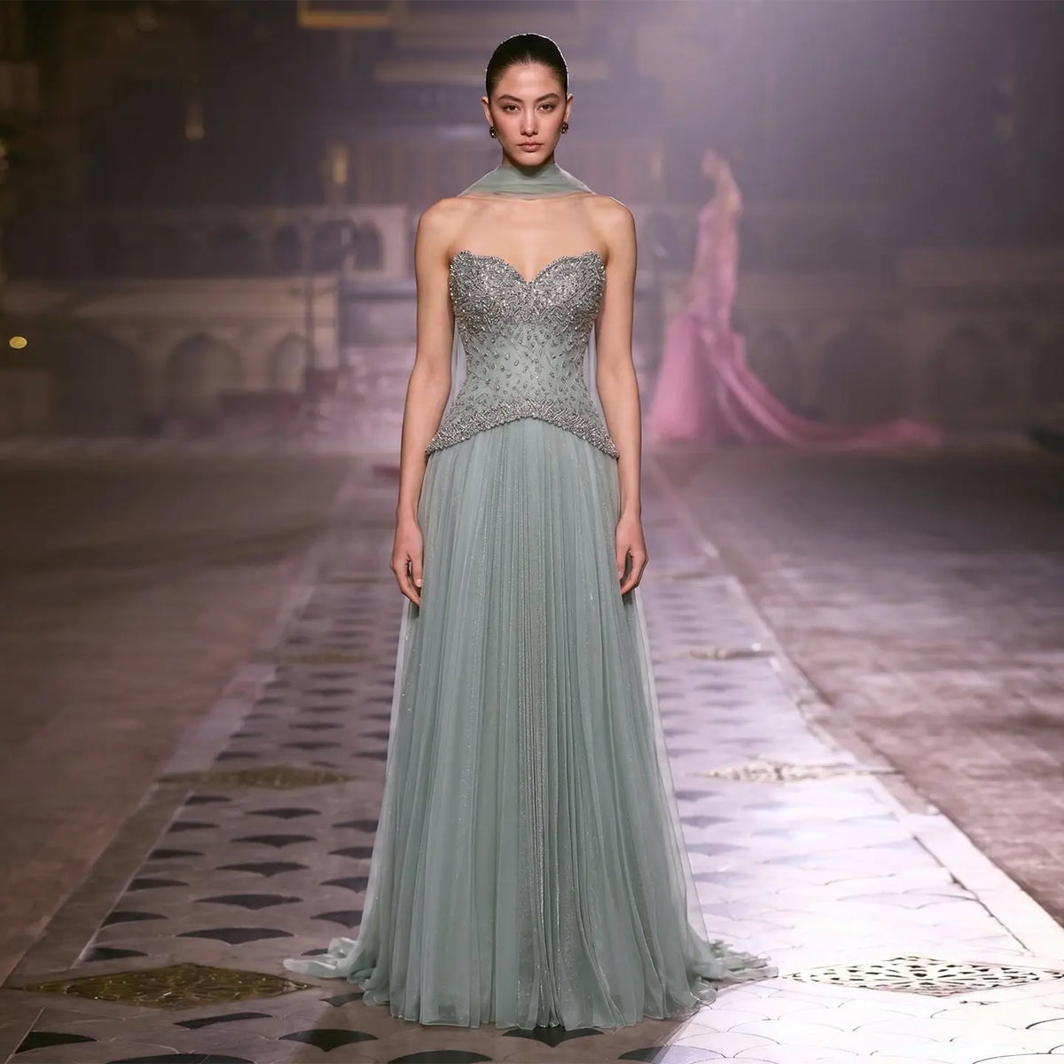 Luxury Sage Green Beaded A-Line Evening Dress with Scarf SS299 SHARONSAID Luxury Sage Green Beaded A-Line Evening Dress with Scarf SS299 SHARONSAID