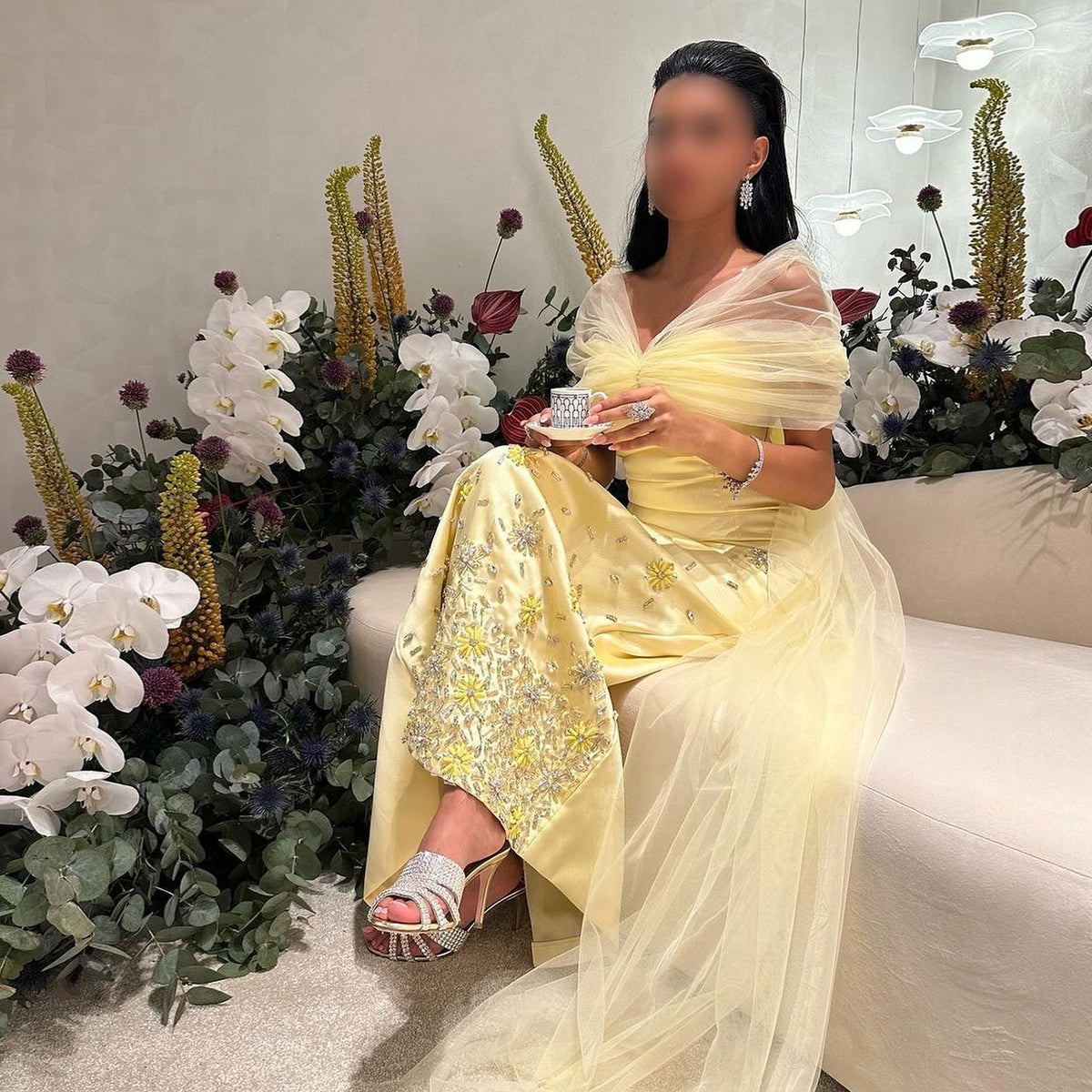 Luxury Yellow Crystal Beaded Floral Evening Dress with Sheer Shawl XD018 