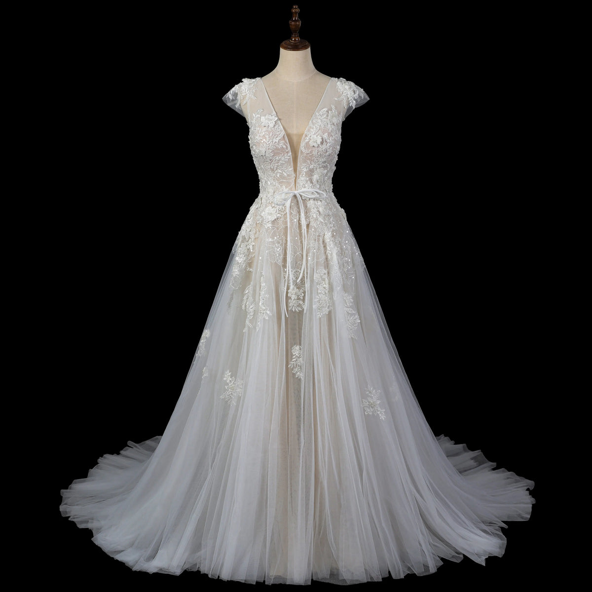 Elegant White V-Neck Cap Sleeve A-Line Lace Tulle Wedding Dress SW711
