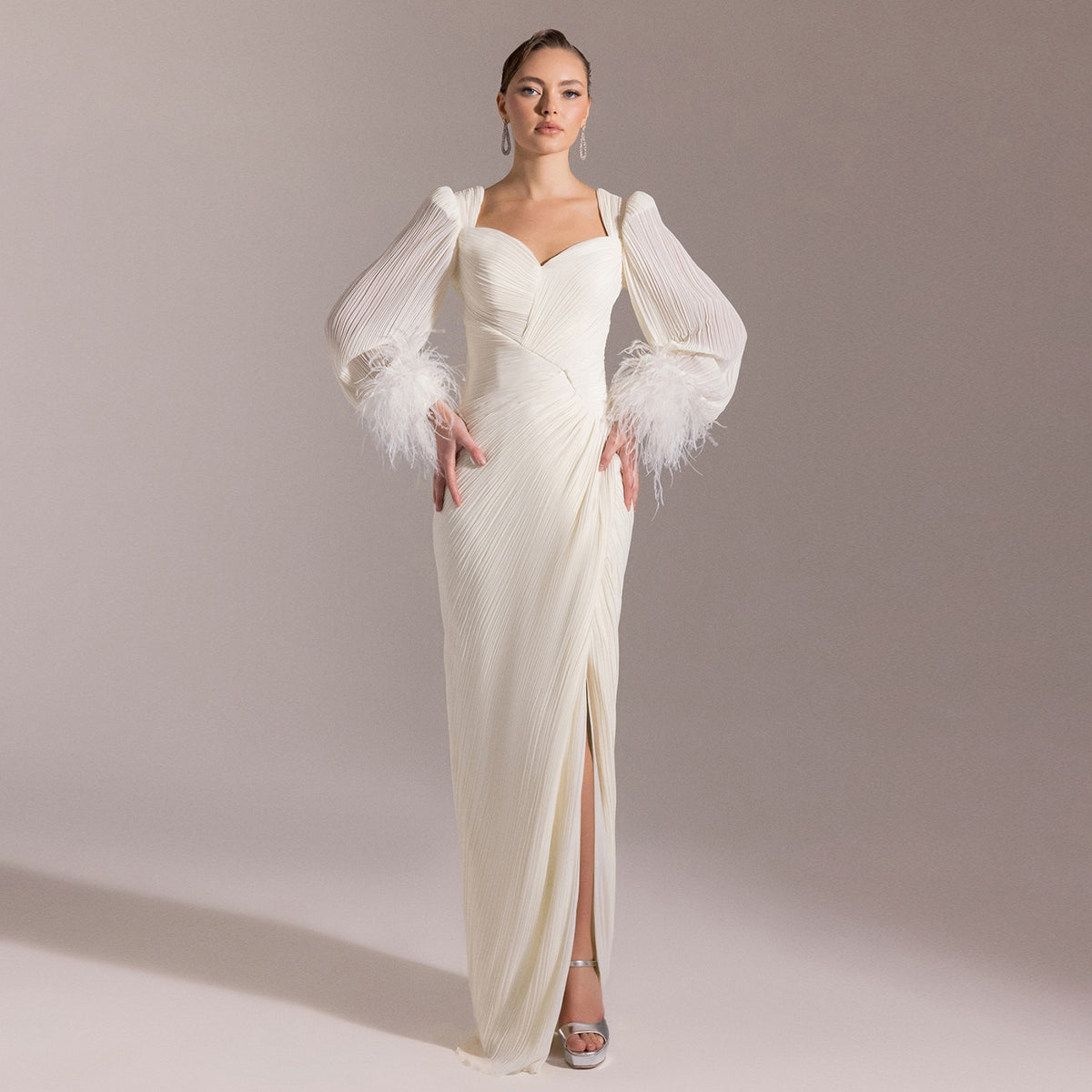 Luxury Feather Fuchsia Long Sleeves Evening Dress with Feathers and Overskirt SF411 