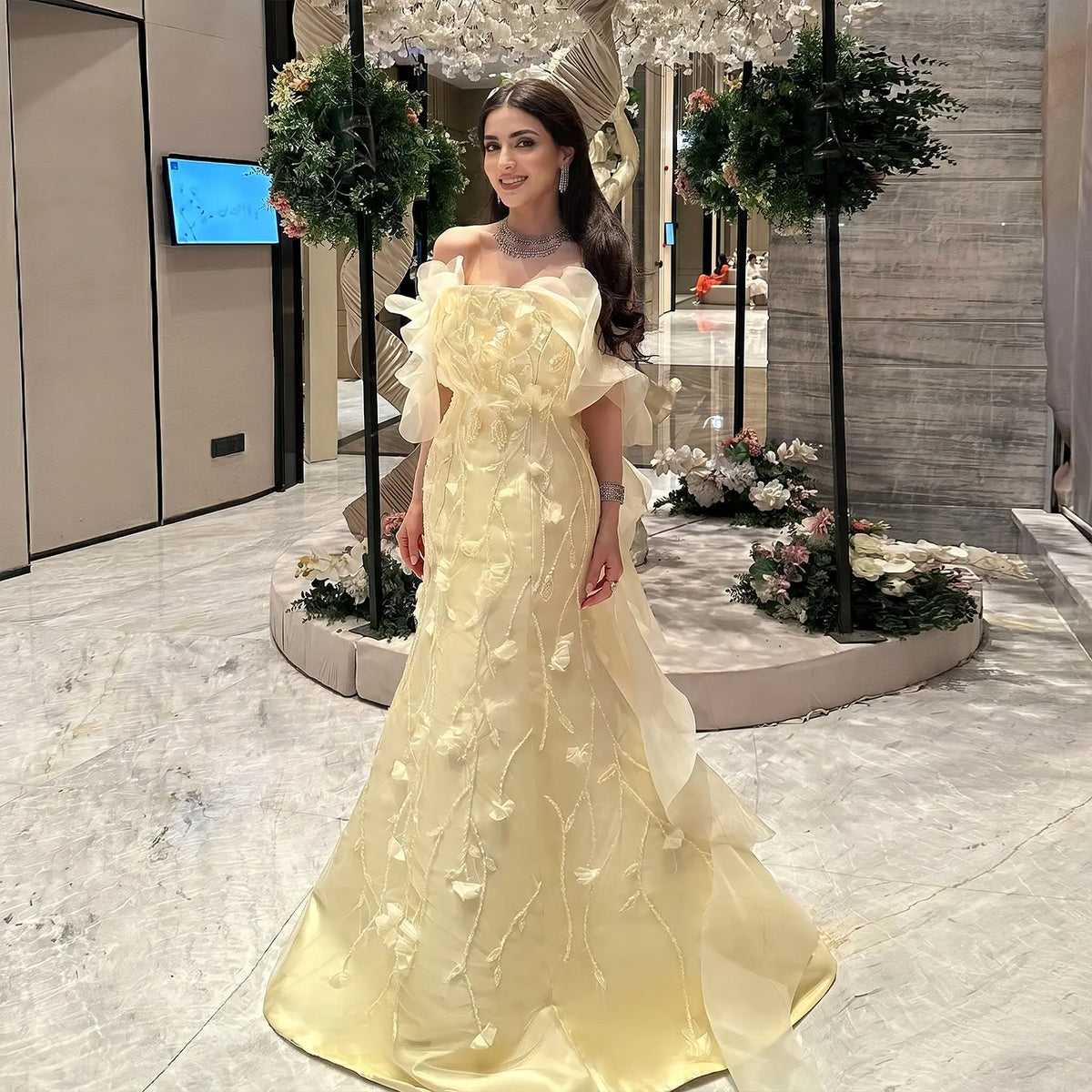Romantic Yellow Off-the-Shoulder 3D Floral Evening Dress SS505