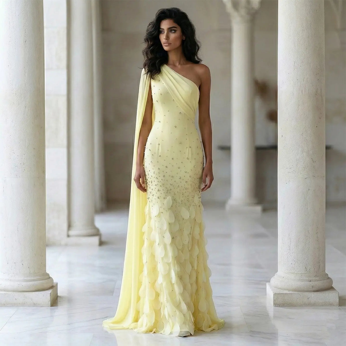 Luxury Yellow Crystal 3D Floral Fitted Evening Dress XD034 