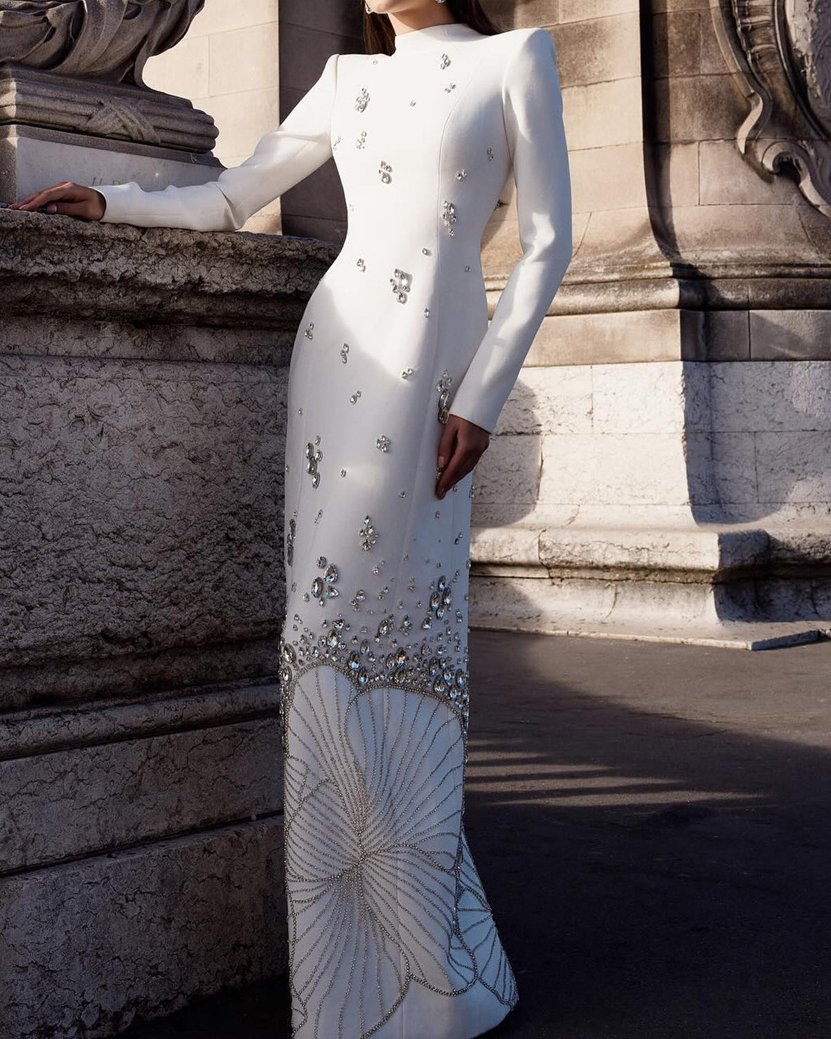 Sharon Said Luxury Crystal White Muslim Evening Dresses Elegant High Neck Long Sleeves Arabic Women Wedding Party Gowns SS258