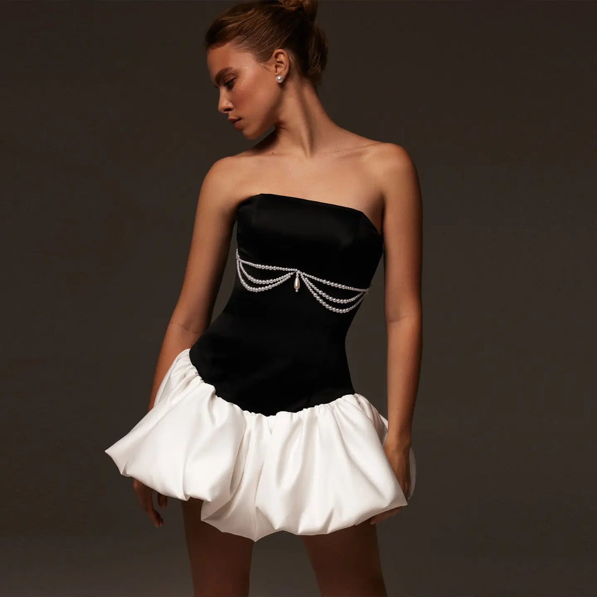 elegant black and white prom dresses Strapless White and Black Ruched Mermaid Prom Dress, Black-White / 18