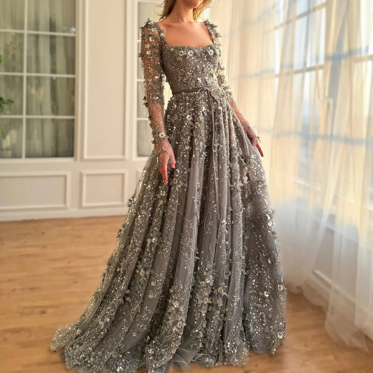 Final Sale Luxury 3D Flower Gray Long Sleeves Evening Dress SS353 Final Sale Luxury 3D Flower Gray Long Sleeves Evening Dress SS353