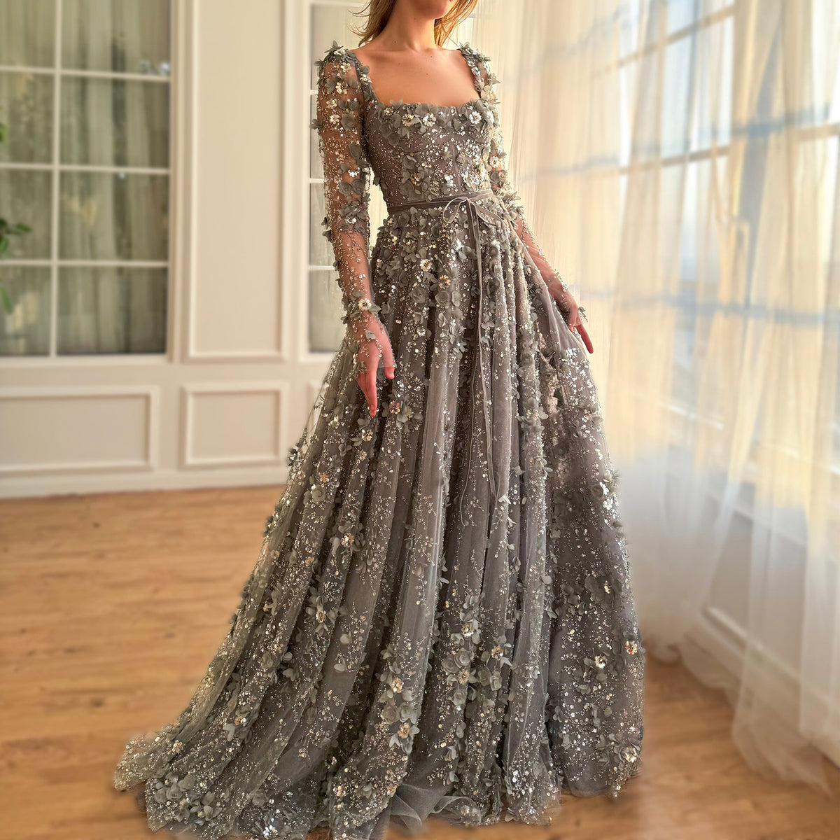 Sharon Said Luxury 3D Flower Gray Long Sleeves Evening Dresses for Women Wedding Party Elegant Arabic A-line Formal Gowns SS353