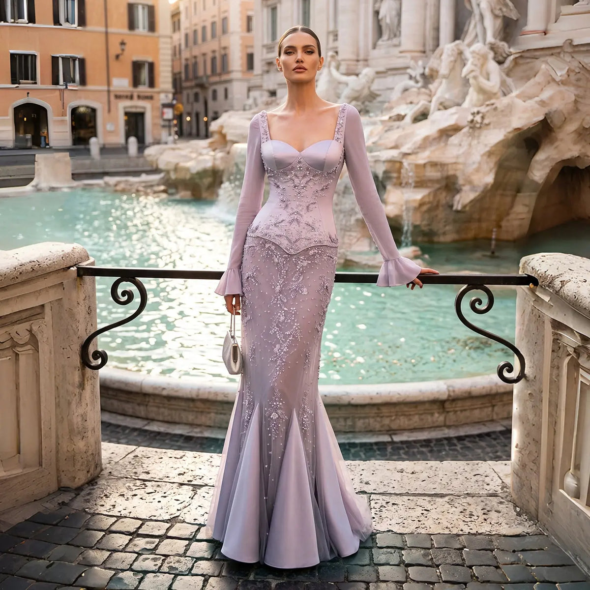 Pink Long Bell Sleeve Beaded Mermaid Evening Dress SS211