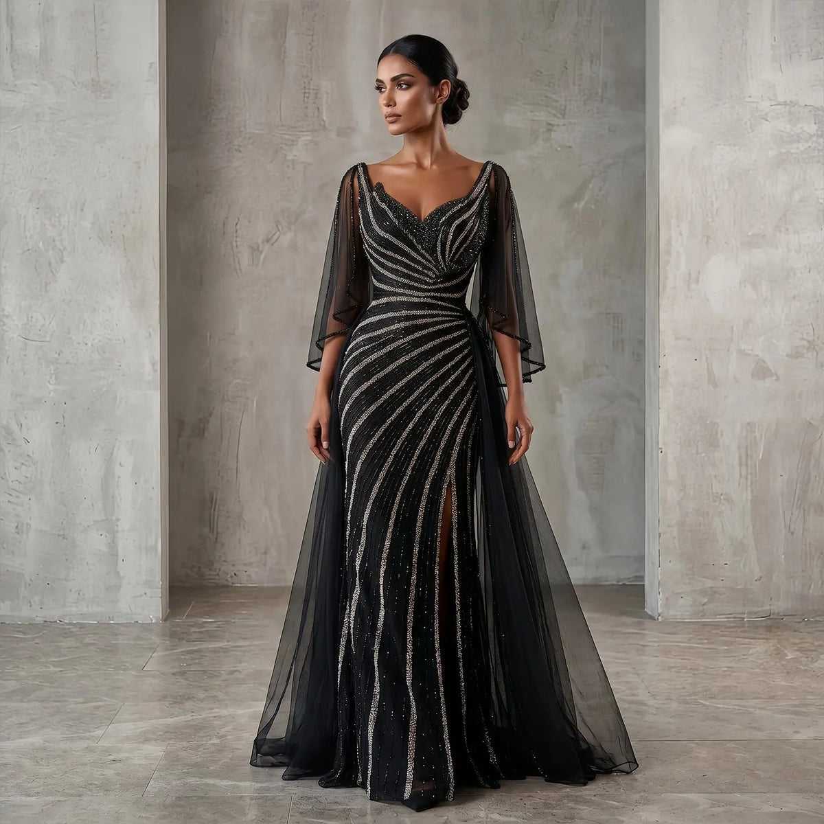 Elegant Champagne V-Neck Beaded Evening Dress with Cape Sleeves SS063 