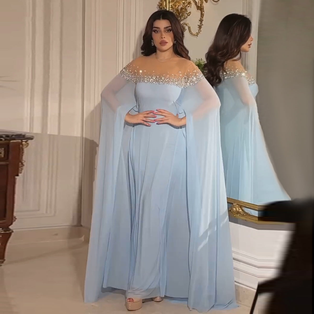 Sharon Said Arabic Luxury Crystal Dubai Baby Blue Evening Dress for Women Wedding Elegant Kaftan Formal Party Gowns SS308