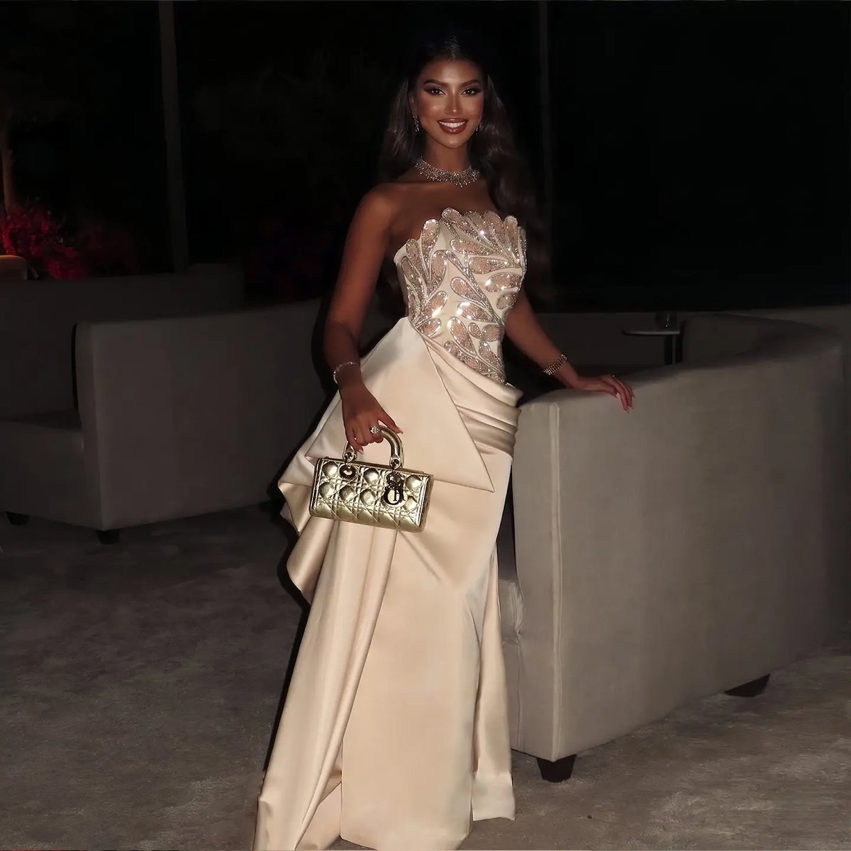 Luxury Beige Strapless Beaded Evening Dress with Overskirt and Scarf SS242