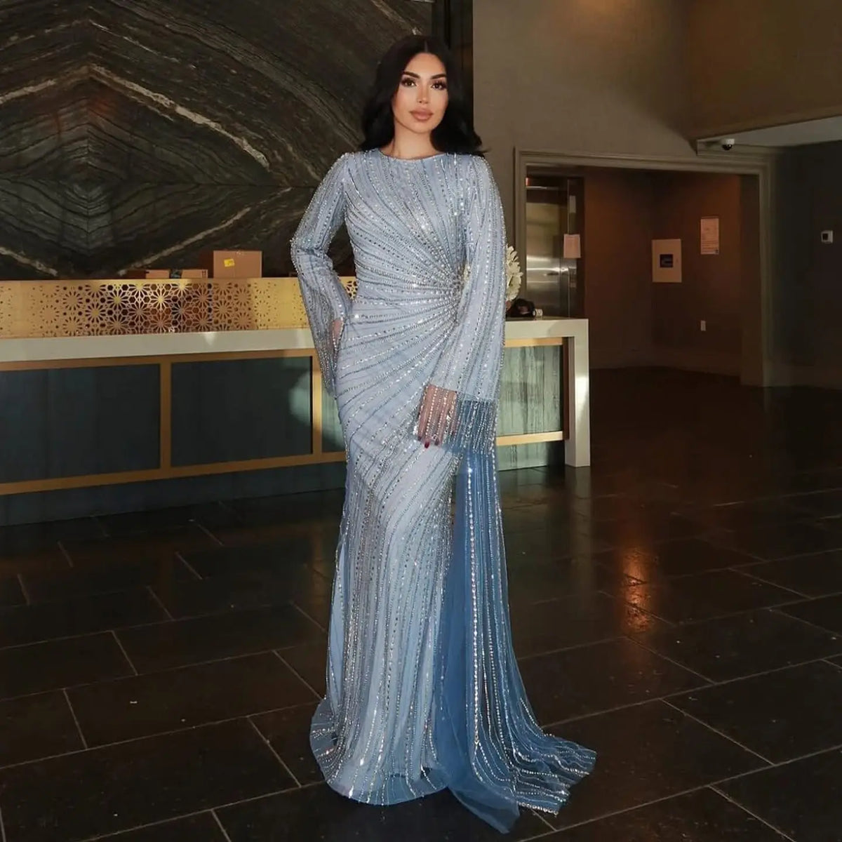 Luxury Beaded Gold Long Sleeves Evening Dress with Overskirt SS113 Luxury Beaded Gold Long Sleeves Evening Dress with Overskirt SS113