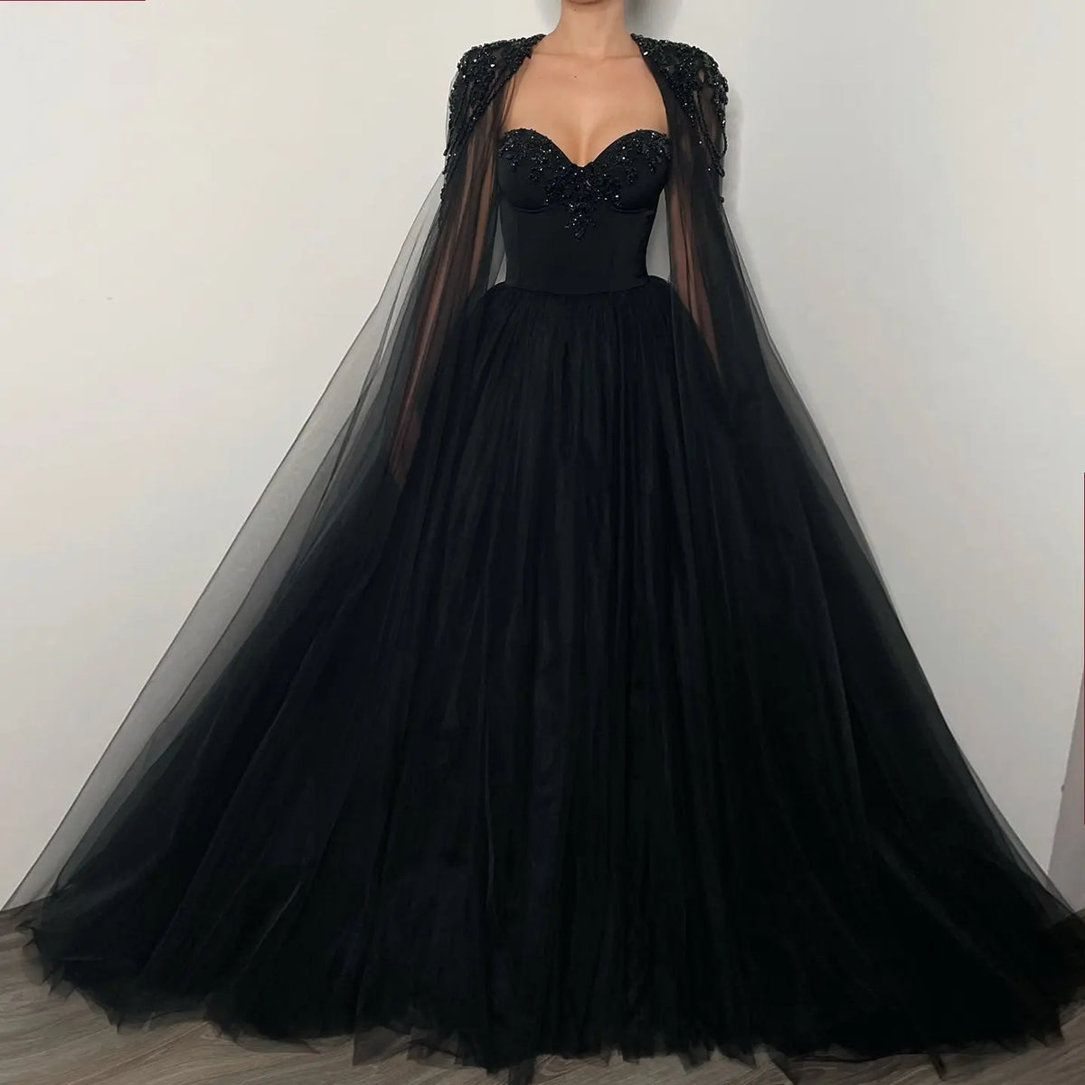 Black Gothic Beaded Tulle Ball Gown Dress SW564-9