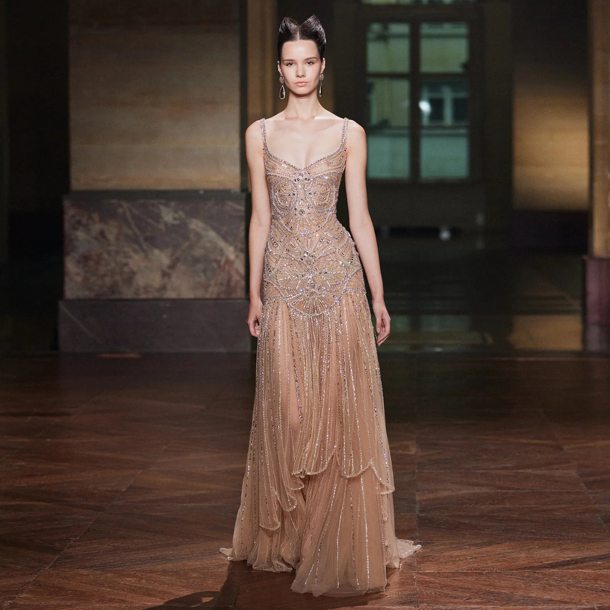 Elegant Champagne Ruffled Beaded Evening Dress SS552 