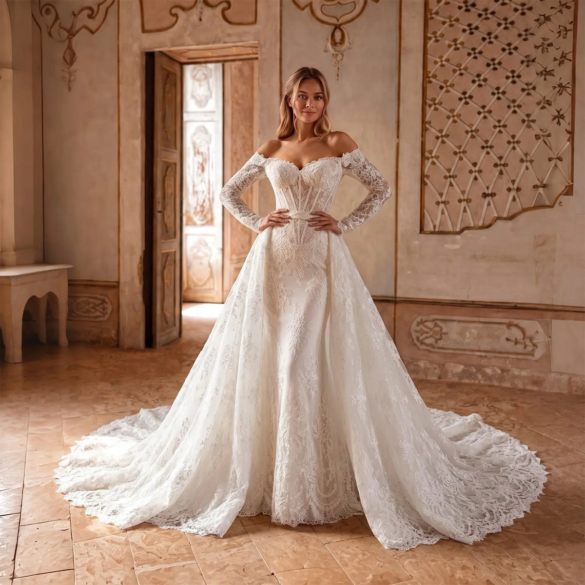 White Lace Off the Shoulder Mermaid Dress SW678
