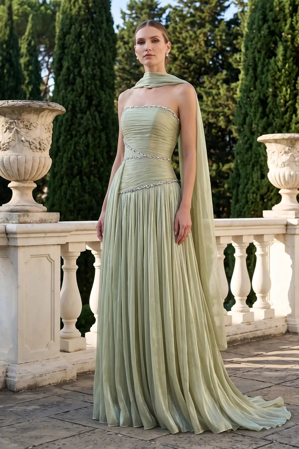 Green Pleated Cape Formal Evening Dress SF189