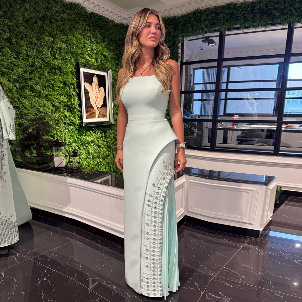 Luxury Mint Green Crystal Embellished Evening Dress XD022 