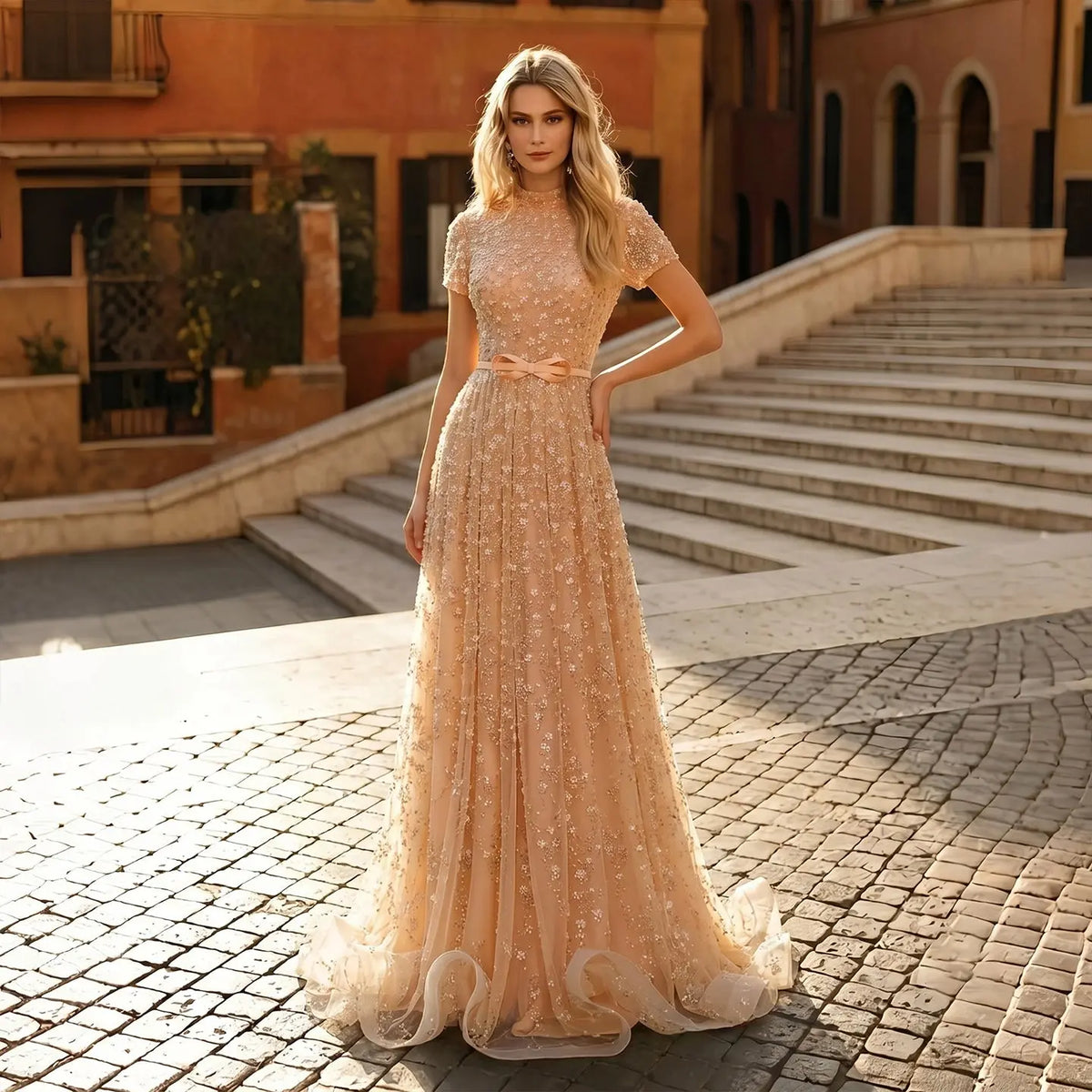 Luxury Peach Beaded Evening Dress with 3D flowers SS304