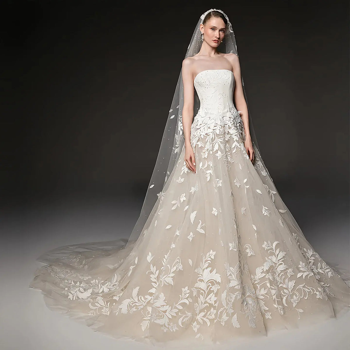 Dreamy Strapless Floral Lace Mermaid Train Wedding Dress with Veil SW665 Dreamy Strapless Floral Lace Mermaid Train Wedding Dress with Veil SW665