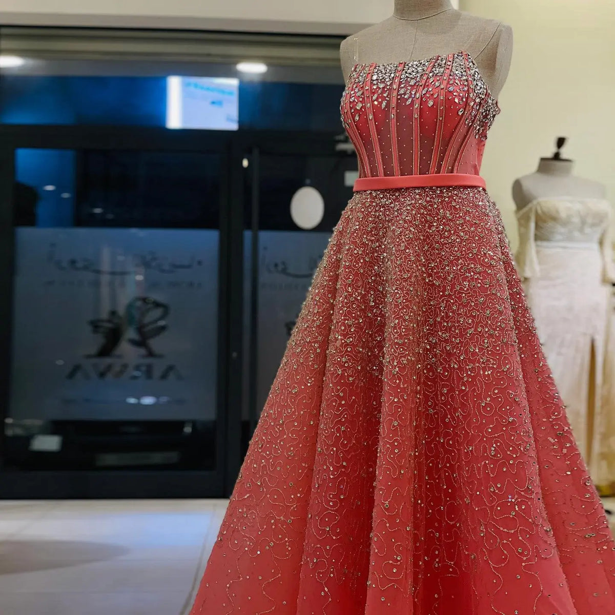 Final Sale Luxury Watermelon Sequin Crystal Evening Dress with Off Shoulder Sleeves XD004 Final Sale Luxury Watermelon Sequin Crystal Evening Dress with Off Shoulder Sleeves XD004
