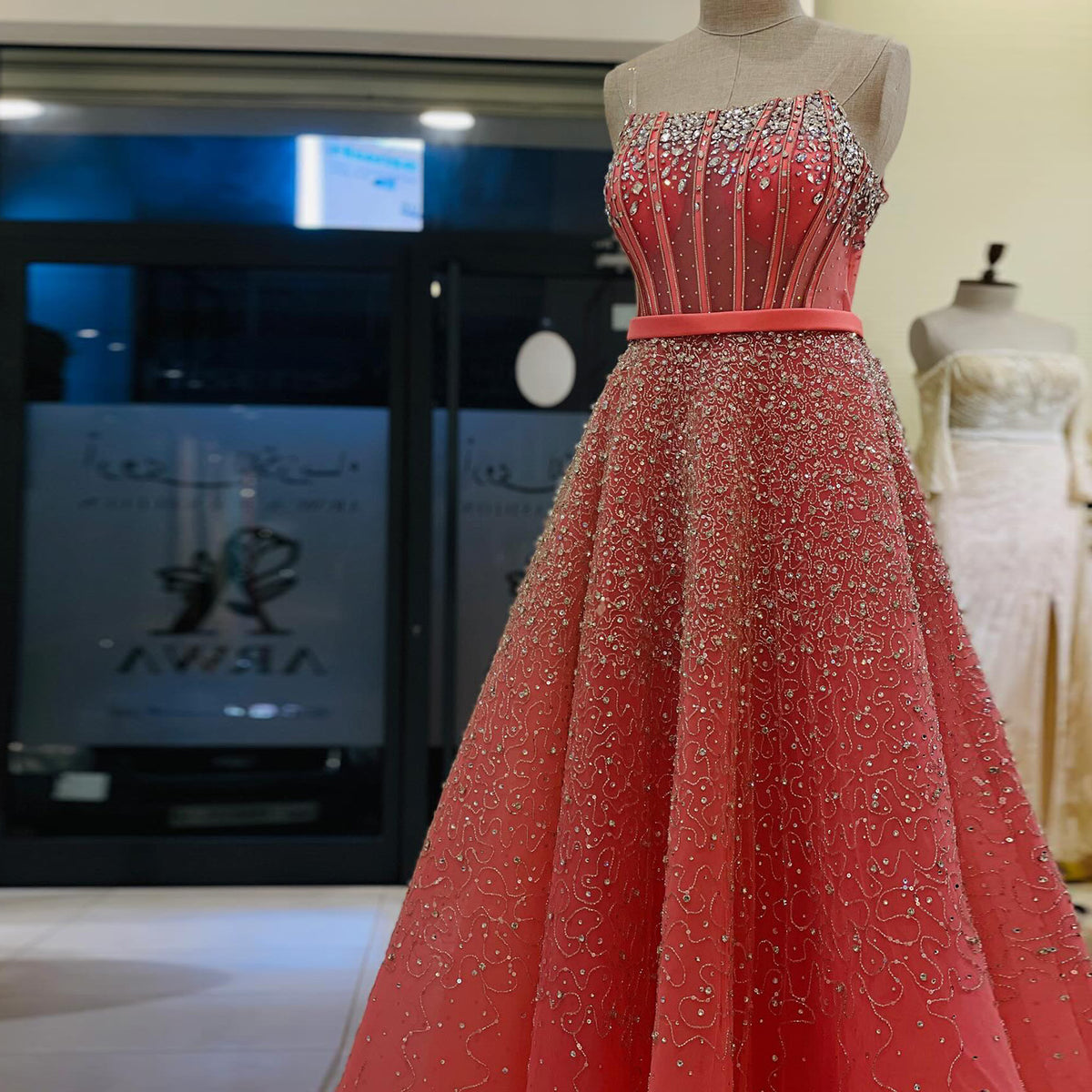 Luxury Watermelon Sequin Crystal Evening Dress with Off Shoulder Sleeves XD004 