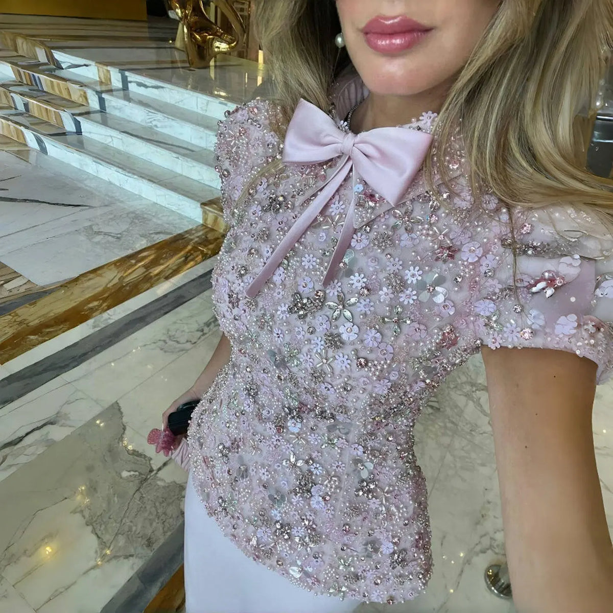 Luxury Pink Sequin Beaded Two-Piece Evening Dress SS547