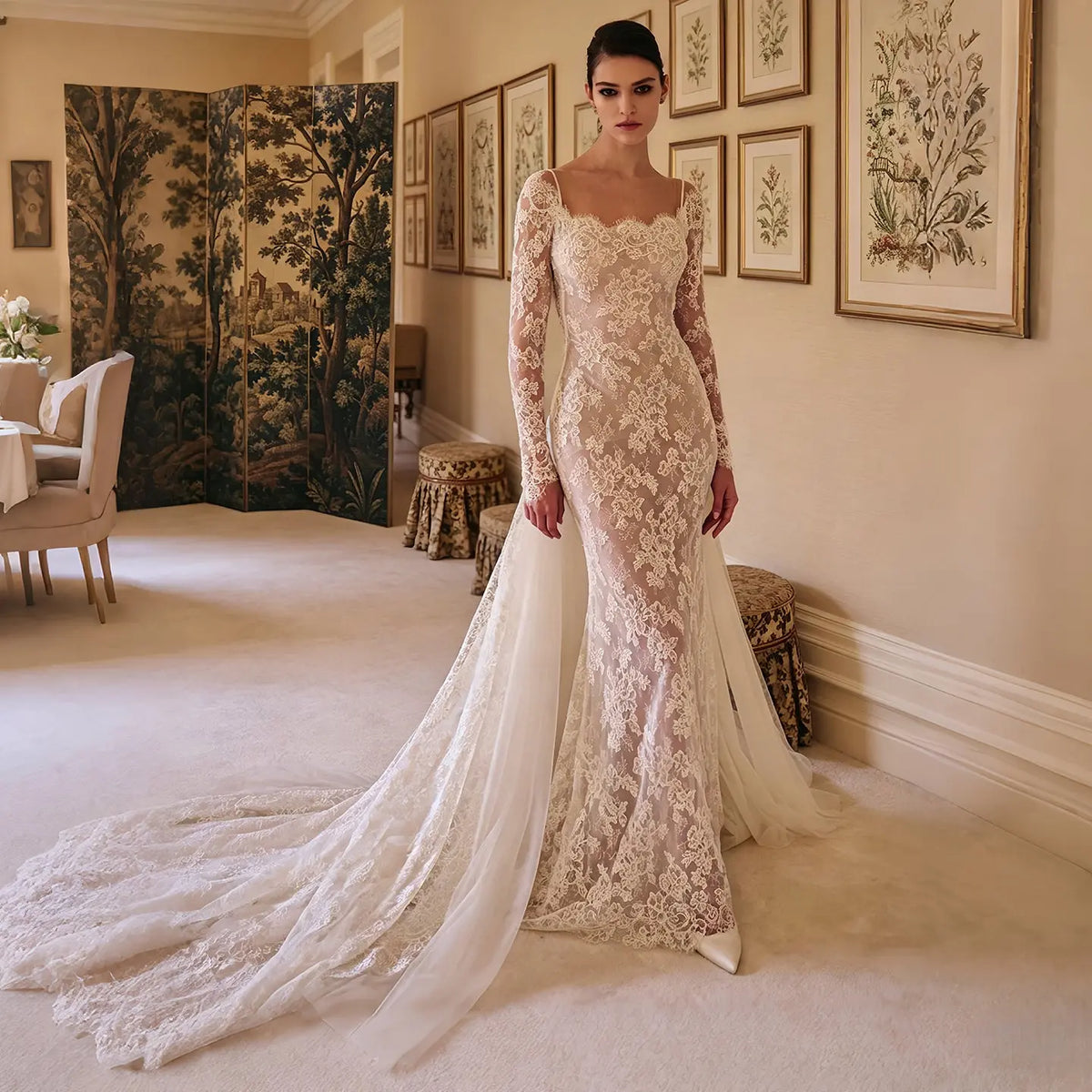 Romantic Long Sleeve Lace Mermaid Wedding Dress with Overskirt SW228